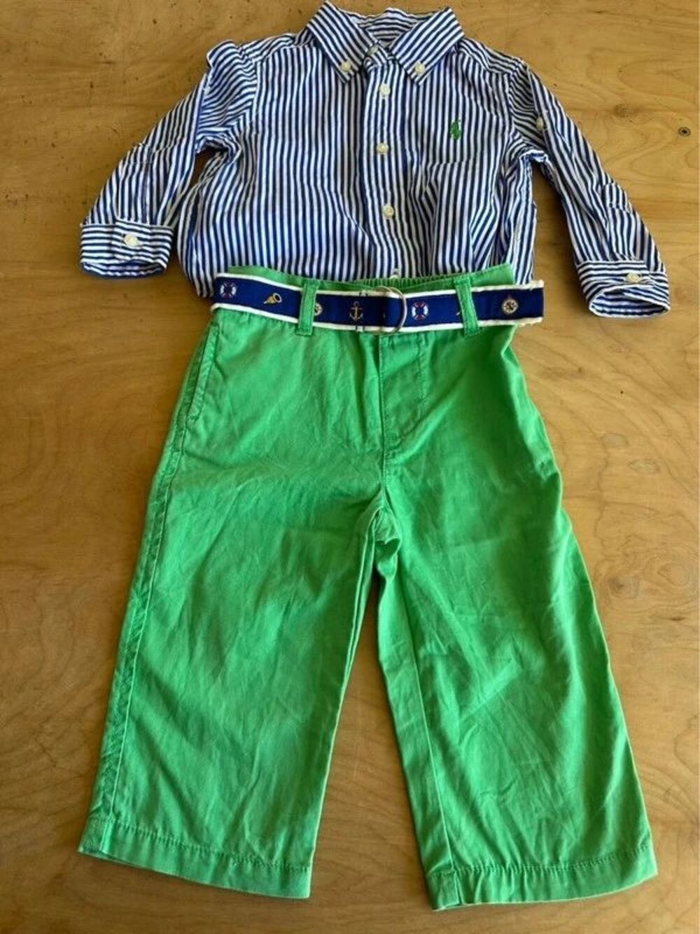 Ralph Lauren Boys 9M Outfit Striped Shirt Green Pants Nautical Belt